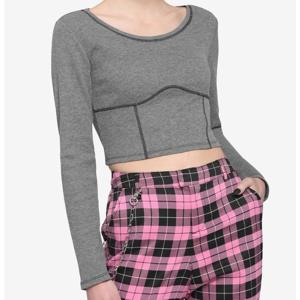 NWT Grey Waffle Knit Contrast Stitch Girls Crop Long-Sleeve Top
